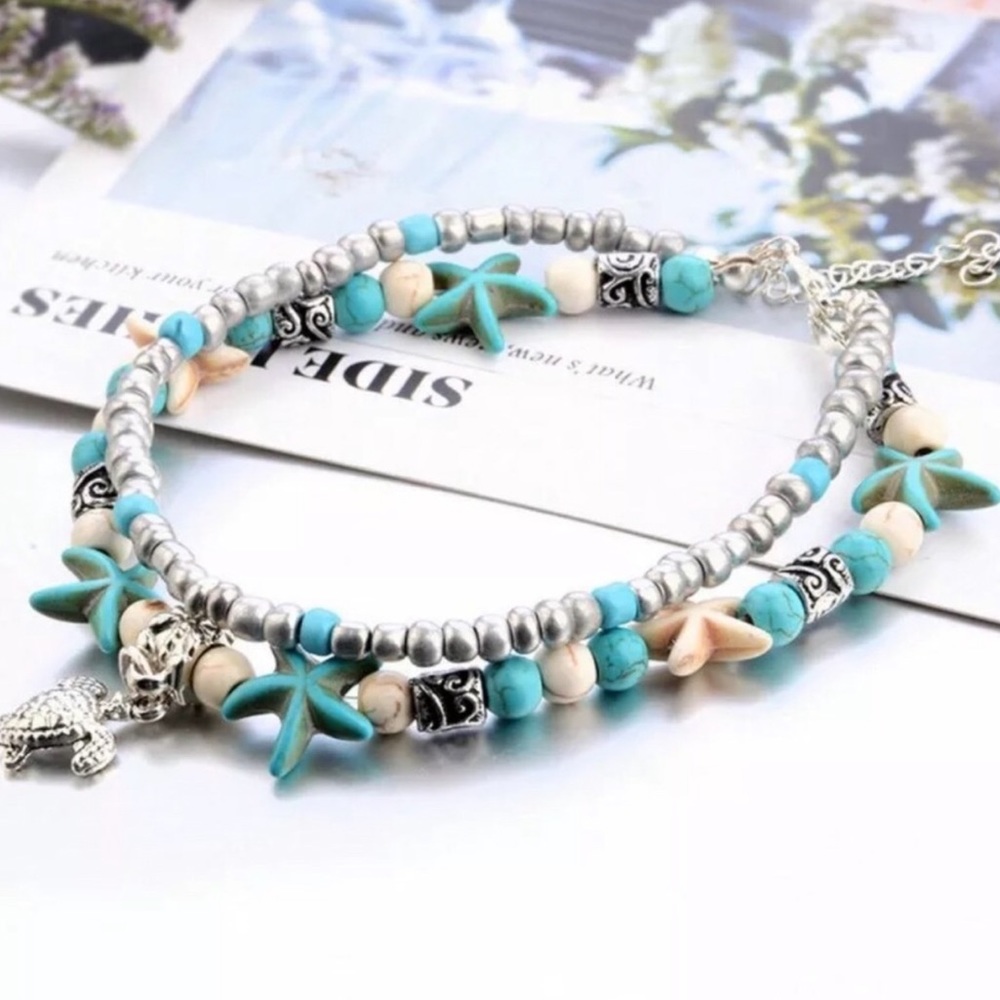 Boho Turquoise & Silver Ankle Bracelet - Picture 3 of 6